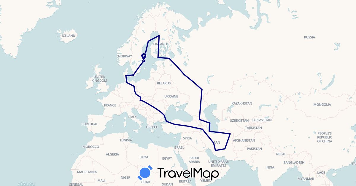 TravelMap itinerary: driving in Austria, Azerbaijan, Bulgaria, Czech Republic, Germany, Denmark, Finland, Georgia, Hungary, Iran, Romania, Russia, Sweden, Slovakia, Turkey (Asia, Europe)